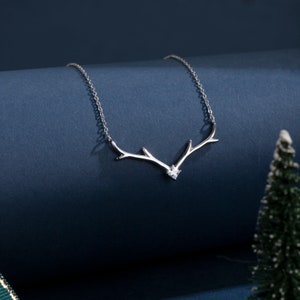 Sterling Silver Antler Necklace: Deer Horn Pendant, Zircon Accent