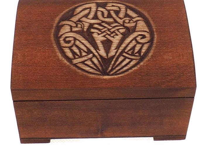 Wooden jewelry box, viking celtic bird pattern, hand carved, personalized, historical, gift box, wedding,