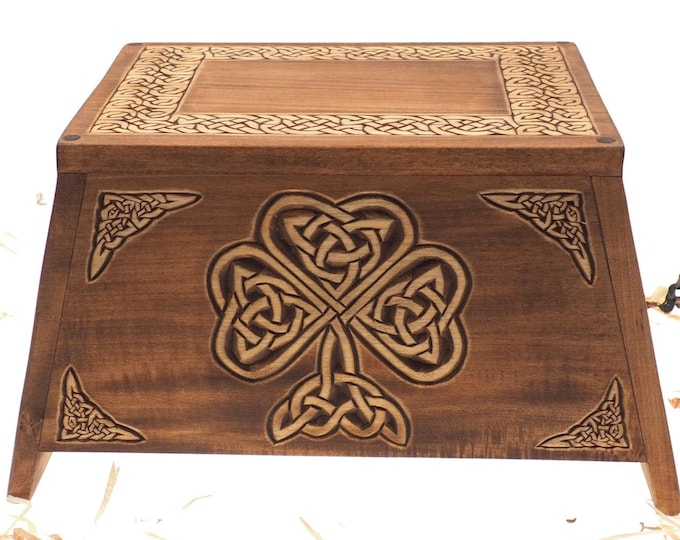 Shamrock Wooden Urn ,  Memorial Box, Hand Carved, Keepsake Cremation Urns, Burial, Celtic pagan