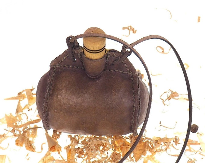 Bright Leather Small Barrel Waterskin, hand crafted, medieval wine skin with wooden stopper, leather flask bladder, ALL NATURAL