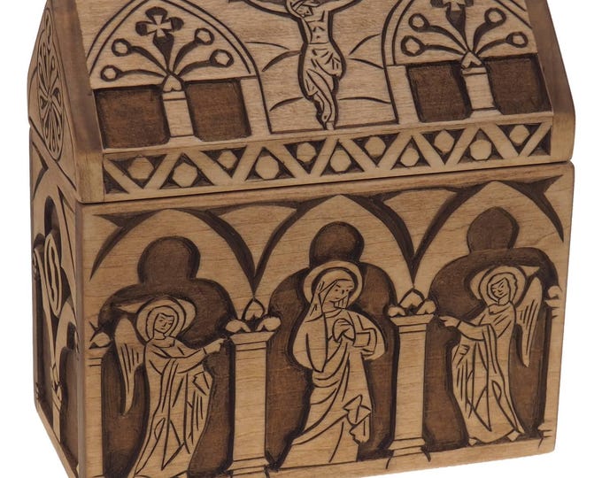 Hand Carved Apple Wood Reliquary Box, Christ and angels, Medieval Knight Codex
