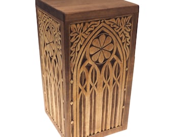 Personalized Wood Urn For Human Ashes, Wooden Memorial , Carved Keepsake Burial Medieval Gothic style