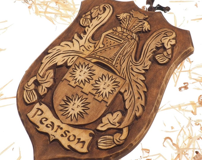 Pearson Personalized Family Crest, Hand Carved, Coat of Arms, Custom, Family Shield, Wooden Emblem, Wedding Wood Art, Heraldic, Woodcraft