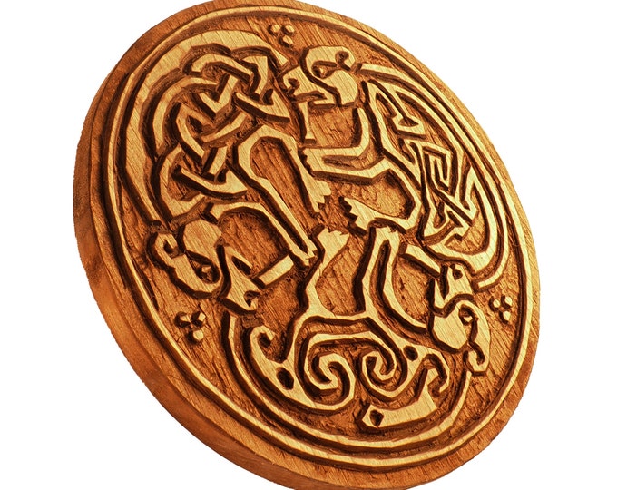 Wooden Hand Carved 3 Dogs Book of Kells Wall Hanging, Three wolves wall carving, celtic art, celtic room decoration, medieval art, norse