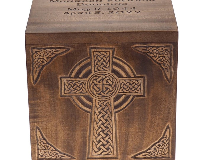 Square Personalized Wood Urn, Celtic Cross,  Memorial, Carved Keepsake Cremation, Medieval Viking