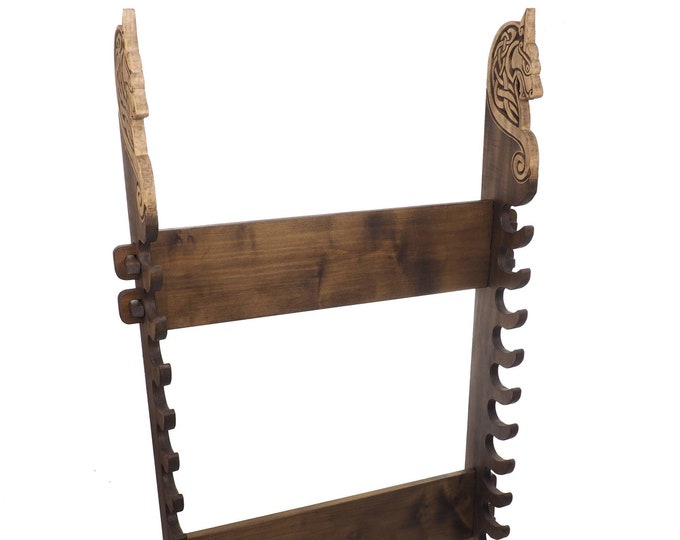 Viking personalized Wall Stand for Weapons, weapon rack with wolf head, hanging weapon holder , norsk style, medieval decor, Larp and SCA,