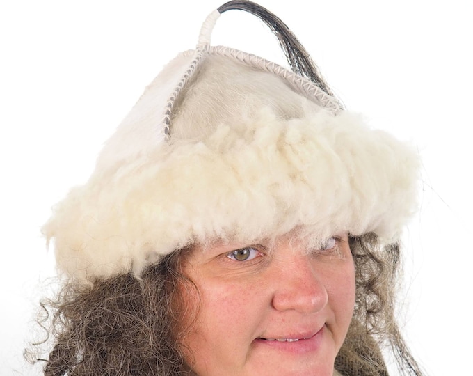 White Historical leather hat with horse tail, hand sewn, larp, medieval, sca, unisex hat, headdress viking, Mongol, Slavic, Viking clothing