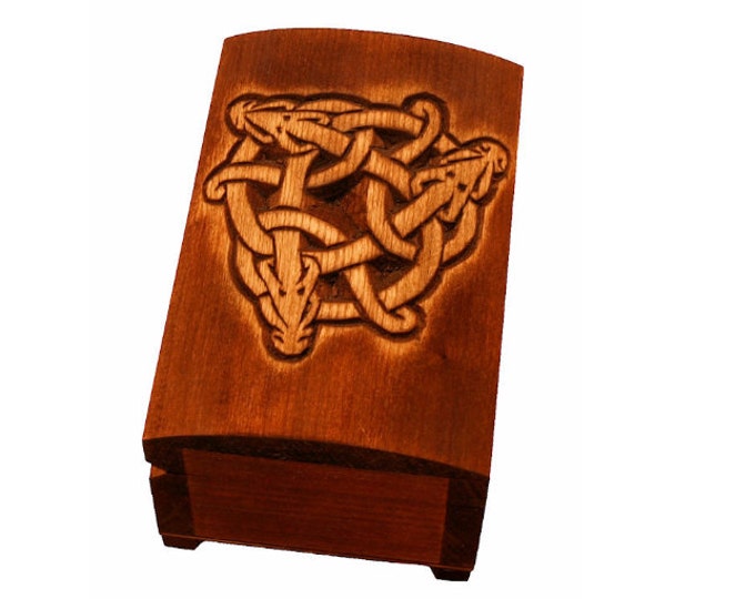 Wooden historical jewelry box with hand carved Celtic dragons pattern