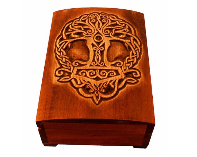 Wooden historical jewelry box with Yggdrasil and Thor hammer