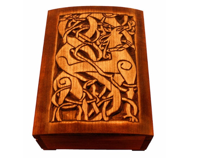 Wooden viking jewelry box with Urnes Deer, historical, Norse pattern, viking gift, memory box, hand carved