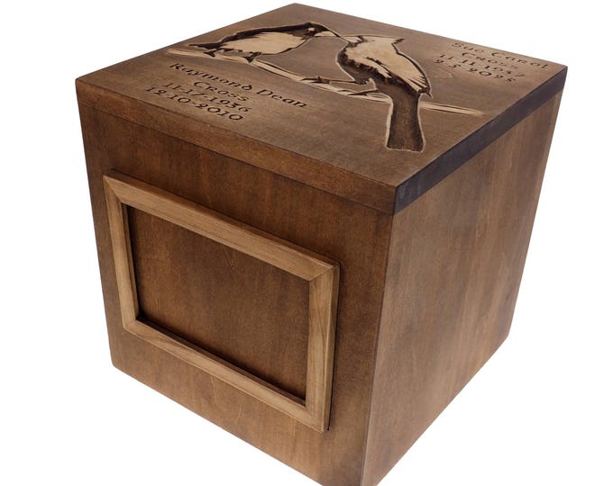 Square Personalized Wood Urn,  With Frame for Photo, For Human Ashes, Memorial, Carved,  Cremation,