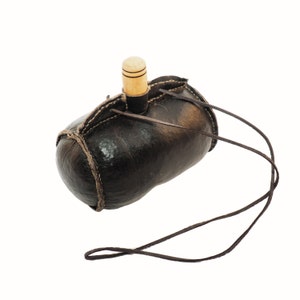 Large hand crafted authentic medieval wine skin with wooden stopper leather flask bladder ALL NATURAL Witcher