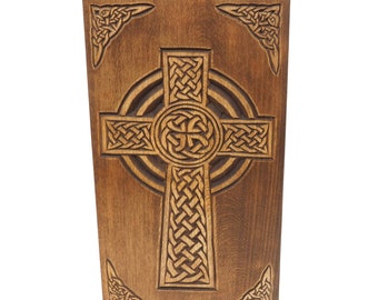 Urne en bois personnalisée avec croix celtique, pour les cendres humaines, boîte commémorative en bois, urnes de crémation souvenir sculptées, style viking médiéval