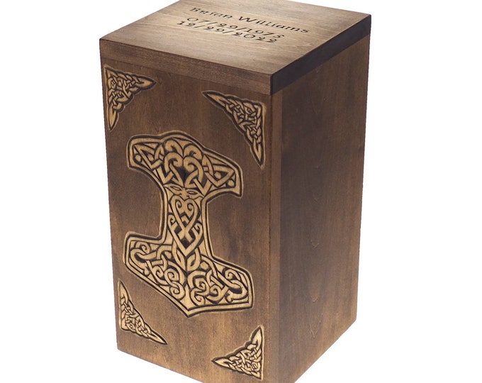 Personalized Wood Urn with Thor hammer pattern Wooden Memorial Box Carved Keepsake Cremation Urns