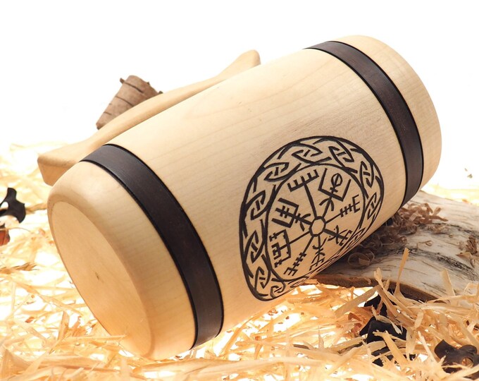 Hand Carved Wooden Beer Mug 0,7l (24 oz)  with Vegvísir runic compass , Man Gift Ideas, Nordic Ornaments, Vikings Beer Tankard,