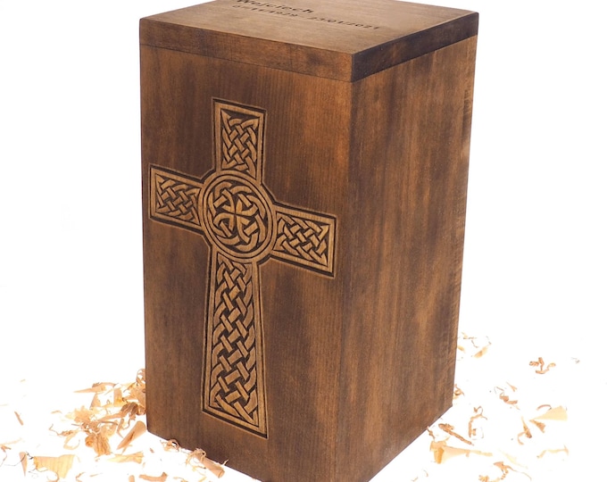 Personalized Wood Urn with simple Cross, For Human Ashes, Wooden Memorial Box, Carved Keepsake Cremation Urns, Medieval Viking style