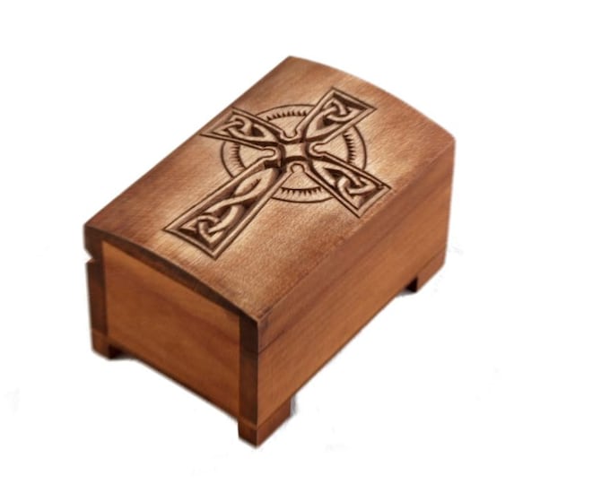 wooden historical jewelry box with celtic cross engraving