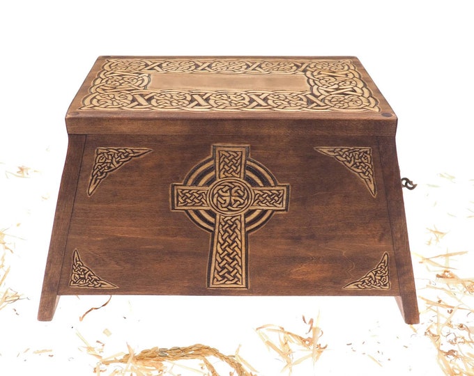 Celtic Cross Wooden Urn For Human Ashes, Wooden Memorial Box, Hand Carved, Keepsake Cremation Urns, Cremation Boxes For Burial, Celtic pagan