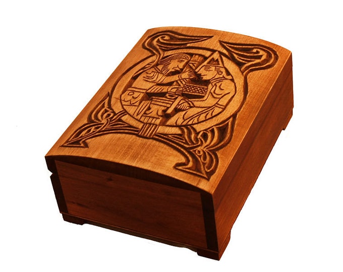 Wooden historical jewelry box with first scene from Völsunga saga