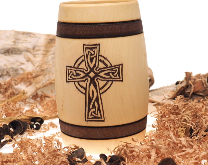 Hand Carved Wooden Beer Mug 0.5 litre ( 17 oz ) Celtic cross  Man Gift Ideas Nordic Ornaments, Vikings Beer Tankard, Engraved Wooden Stein