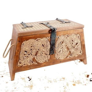 Personalized Viking Chest, hand carved, Norse pattern box, chest with forged fittings, perfect wedding gift, SCA and Larp, treasure chest