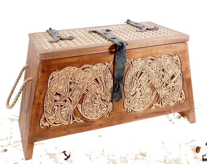 Personalized Viking Chest, hand carved, Norse pattern box, chest with forged fittings, perfect wedding gift, SCA and Larp, treasure chest