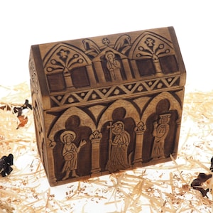 Reliquary box, wooden hand carved jewelry box, keepsake box, jewelry storage