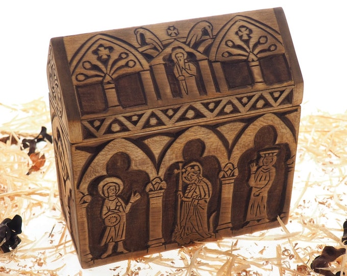 Reliquary box, wooden hand carved jewelry box, keepsake box, jewelry storage