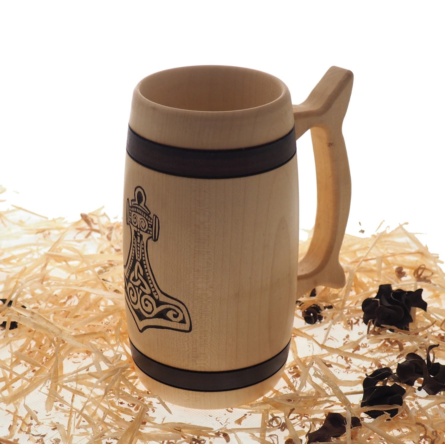Hand Carved Wooden Beer Mug 0,7l (24 oz) with Mjolnir ...