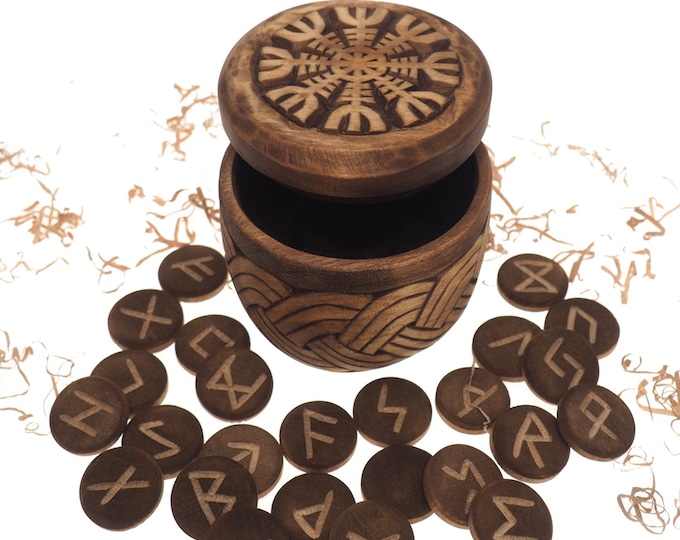 Viking Rune Set in hand carved Box with Aegishjalmur Norse Runes Elder Futhark Runes Asatru Runes Divination Runes Runes box viking Celtic