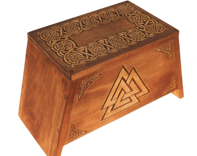 Valknut Wooden Urn For Human Ashes Memorial, Hand Carved, Keepsake Cremation Burial, Celtic pagan