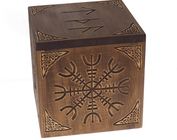 Square Personalized Wood Urn, Aegishjalmur, For Human Ashes, Wooden Memorial Box, Carved Keepsake Cremation Urns, Medieval Viking style