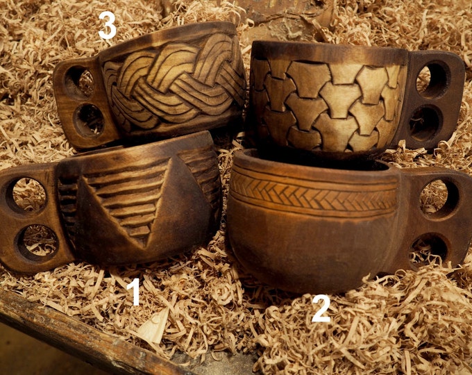Intricately carved wooden cup viking style kuksa