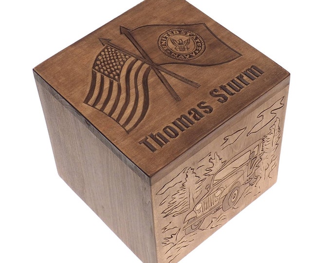 US flag Square Personalized Wood Urn For Human Ashes, Wooden Memorial Box, Carved Keepsake Cremation Urns, Cremation Boxes For Burial