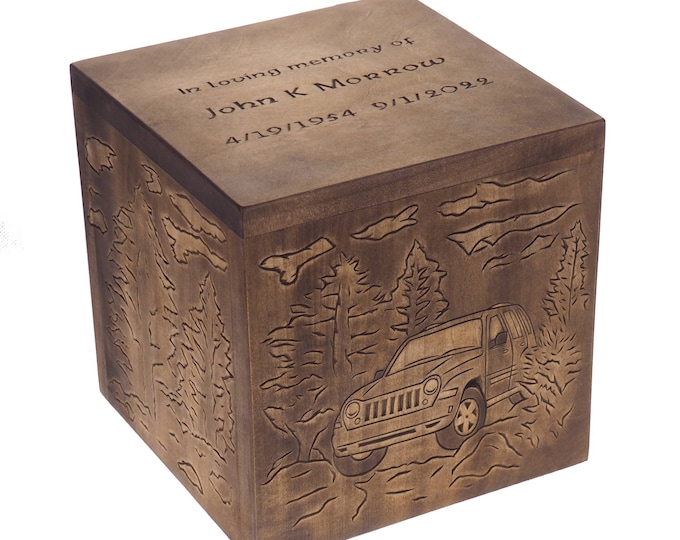 Square Personalized Wood Urn For Human Ashes, Wooden Memorial Box, Carved Keepsake, Cremation Burial