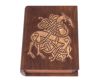 Personalized Hand carved medieval box, Urnes Dragons motive, book shape box, medieval, SCA, LARP, reneaccment and fantasy equipment, viking