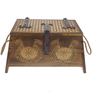 Dragons Personalized Viking Chest, hand carved, Norse pattern box, chest with forged fittings, wedding gift, SCA and Larp, treasure chest