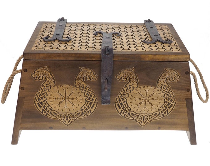 Dragons Personalized Viking Chest, hand carved, Norse pattern box, chest with forged fittings, wedding gift, SCA and Larp, treasure chest