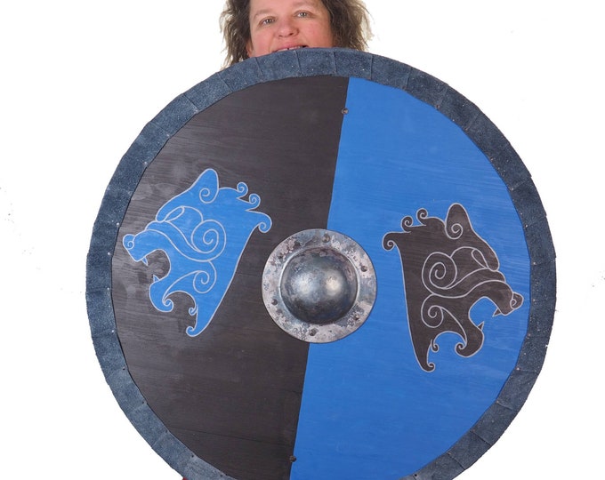 Viking Shield Blue and Black Bear heads Pattern,Shield with strap,  Norsman shield, Wall decor, Larp and reenactment, SCA ready,