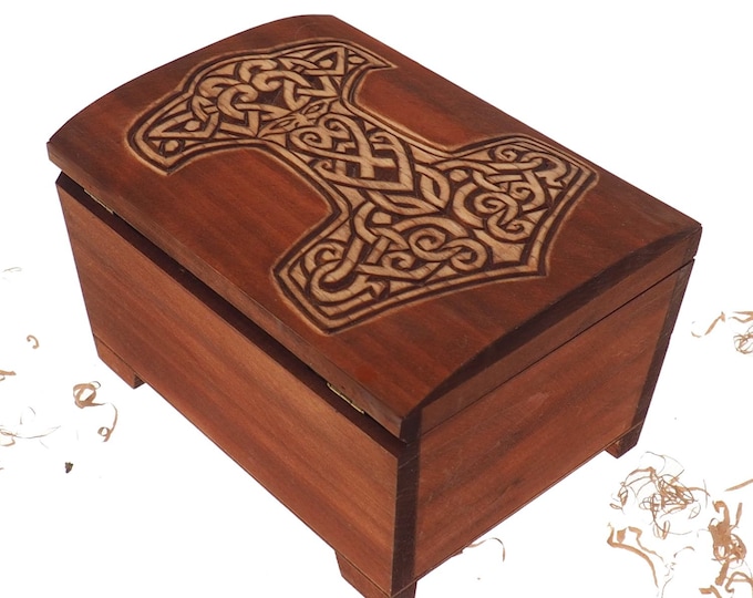 Big Wooden historical jewelry box with Thor Hammer memorial box wooden urn