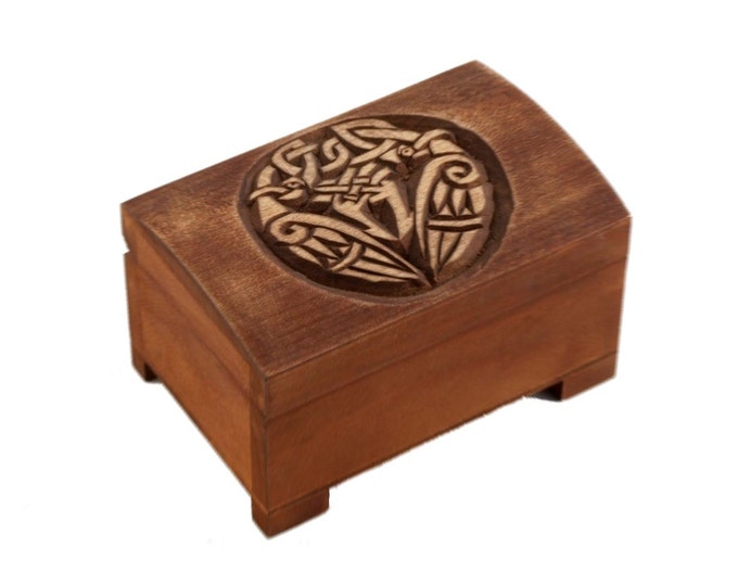 wooden historical jewelry box with celtic birds pattern