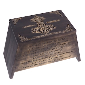Viking Personalized Wood Urn with Thor hammer, Viking prayer, Wooden Memorial Box Carved , Cremation Urns,  Boxes For Burial, Viking, pagan