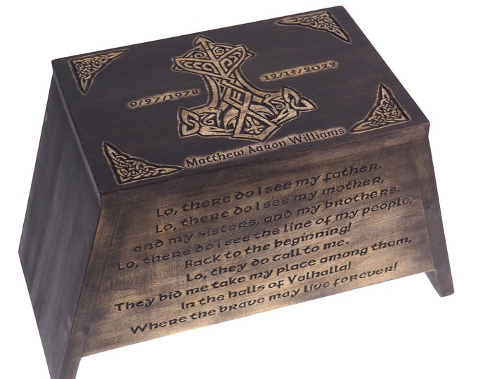 Viking Personalized Wood Urn with Thor hammer, Viking prayer, Wooden Memorial Box Carved , Cremation Urns,  Boxes For Burial, Viking, pagan