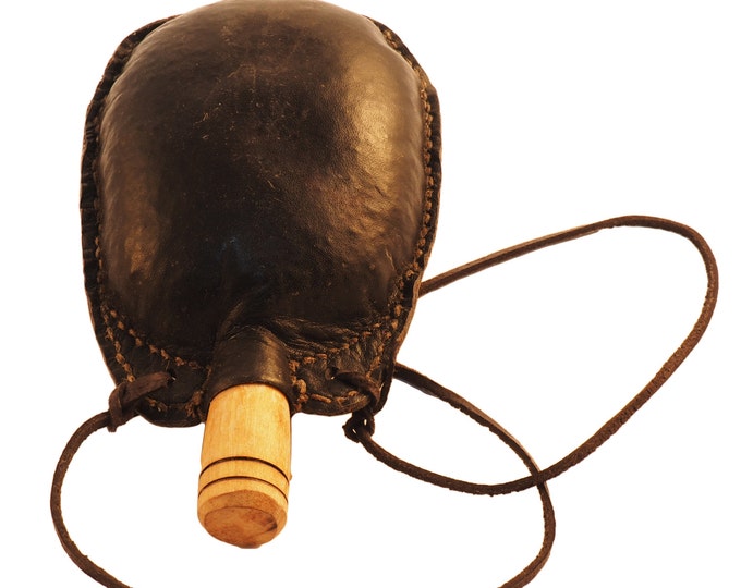 Medium hand crafted authentic medieval wine black skin with wooden stopper leather flask bladder ALL NATURAL