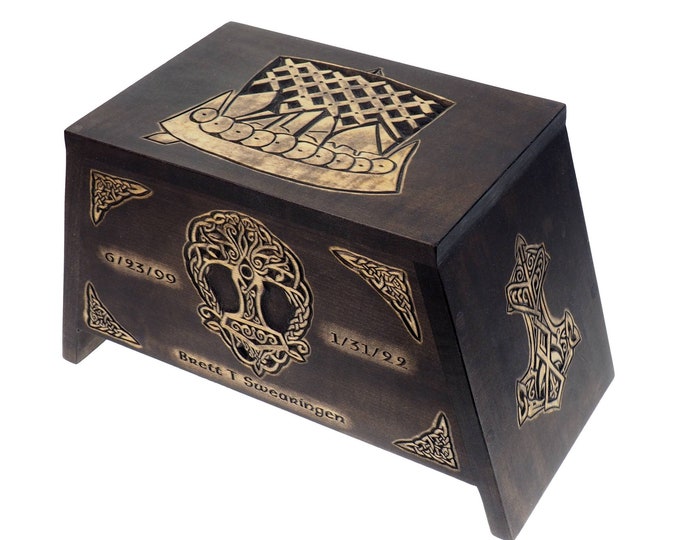 Viking Personalized Wood Urn with Yggdrasil and  ship, Wooden, Memorial hand carved, Cremation, pagan