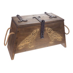 Raven Personalized Viking Chest, hand carved, Norse pattern box, chest with forged fittings, wedding gift, SCA and Larp, treasure chest
