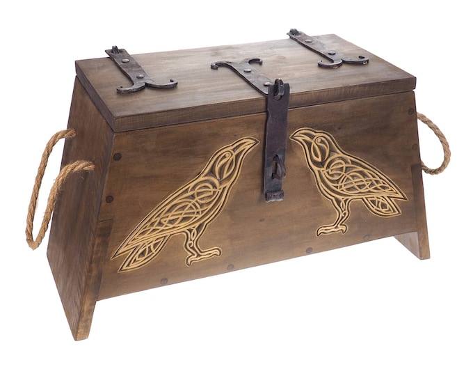 Raven Personalized Viking Chest, hand carved, Norse pattern box, chest with forged fittings, wedding gift, SCA and Larp, treasure chest