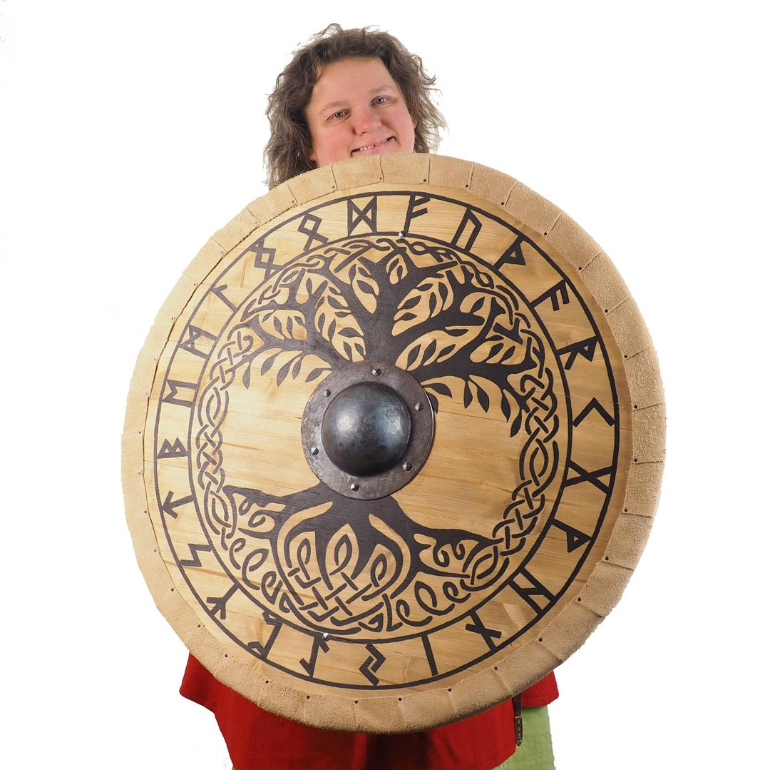 Escudo vikingo redondo de madera con estrella de metal en el centro -  SCA/LARP/Norse/Noruega/Antiguo/Armor Brown, Marrón