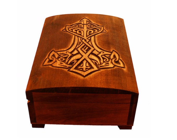 Wooden historical jewelry box with Thor Hammer