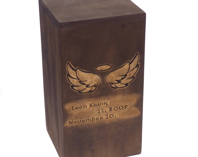 Angel Personalized Wood Urn, Children Urn,For Human Ashes, Wooden Memorial Box, Carved Keepsake Cremation Urns, Cremation Box For Burial,